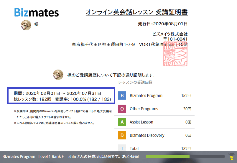 Bizmates受講証明書